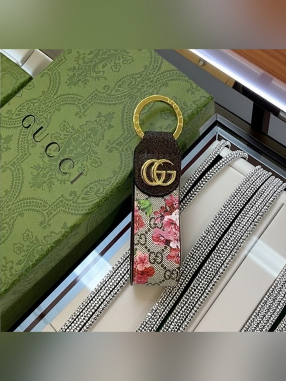 Gucci Floral GG Leather Strap Keyring in Brown and Pink, Gently Used